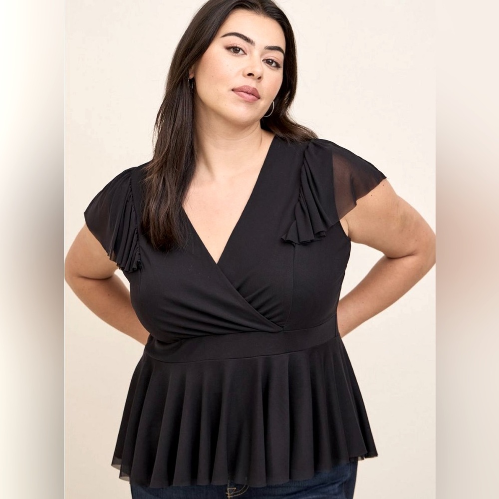 NEW! TORRID Black Stretch Mesh Surplice Ruffle-Sleeve Top size 6X NWT GORGEOUS!